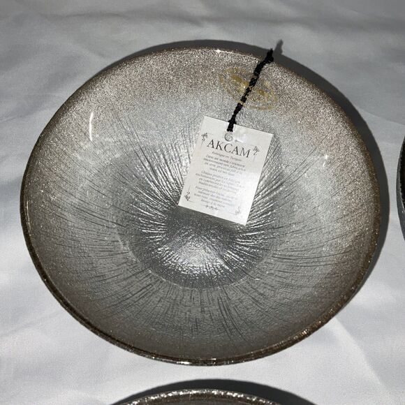 NWT AKCAM TURKISH GLASS GLITTERY SILVER PLATINUM 6” SOUP SALAD BOWLS SET OF 4 - Picture 3 of 12